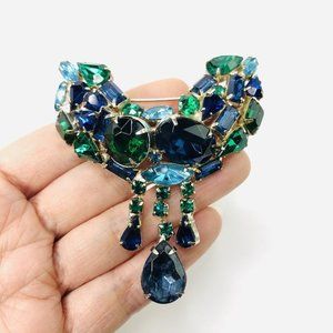 VTG Emerald Green Blue Stones Domed Brooch Pin Teadrop Dangle Pendants prong set